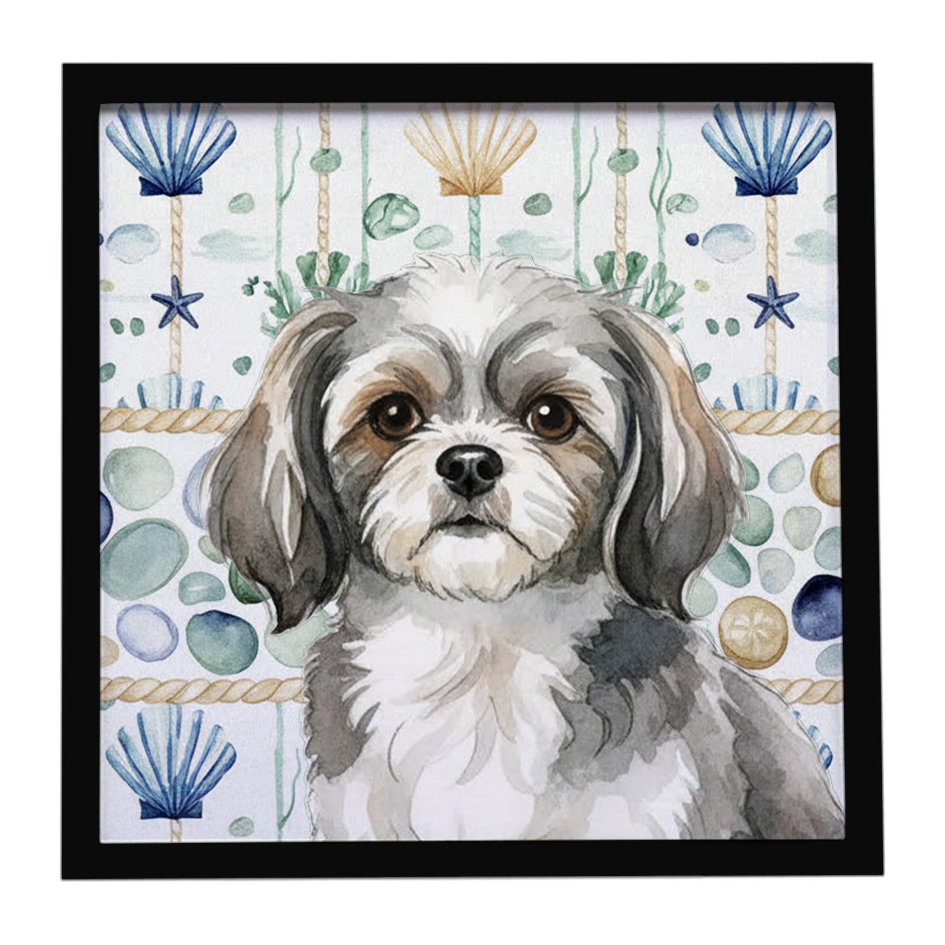 Buy this Grey and White Tibetan Spaniel Coastal Sea Glass Framed Metal Print