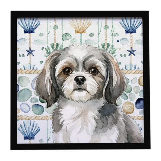 Buy this Grey and White Tibetan Spaniel Coastal Sea Glass Framed Metal Print