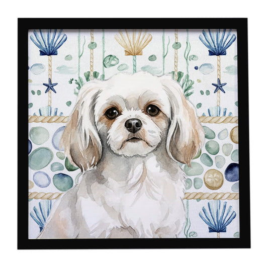 Buy this White Tibetan Spaniel Coastal Sea Glass Framed Metal Print