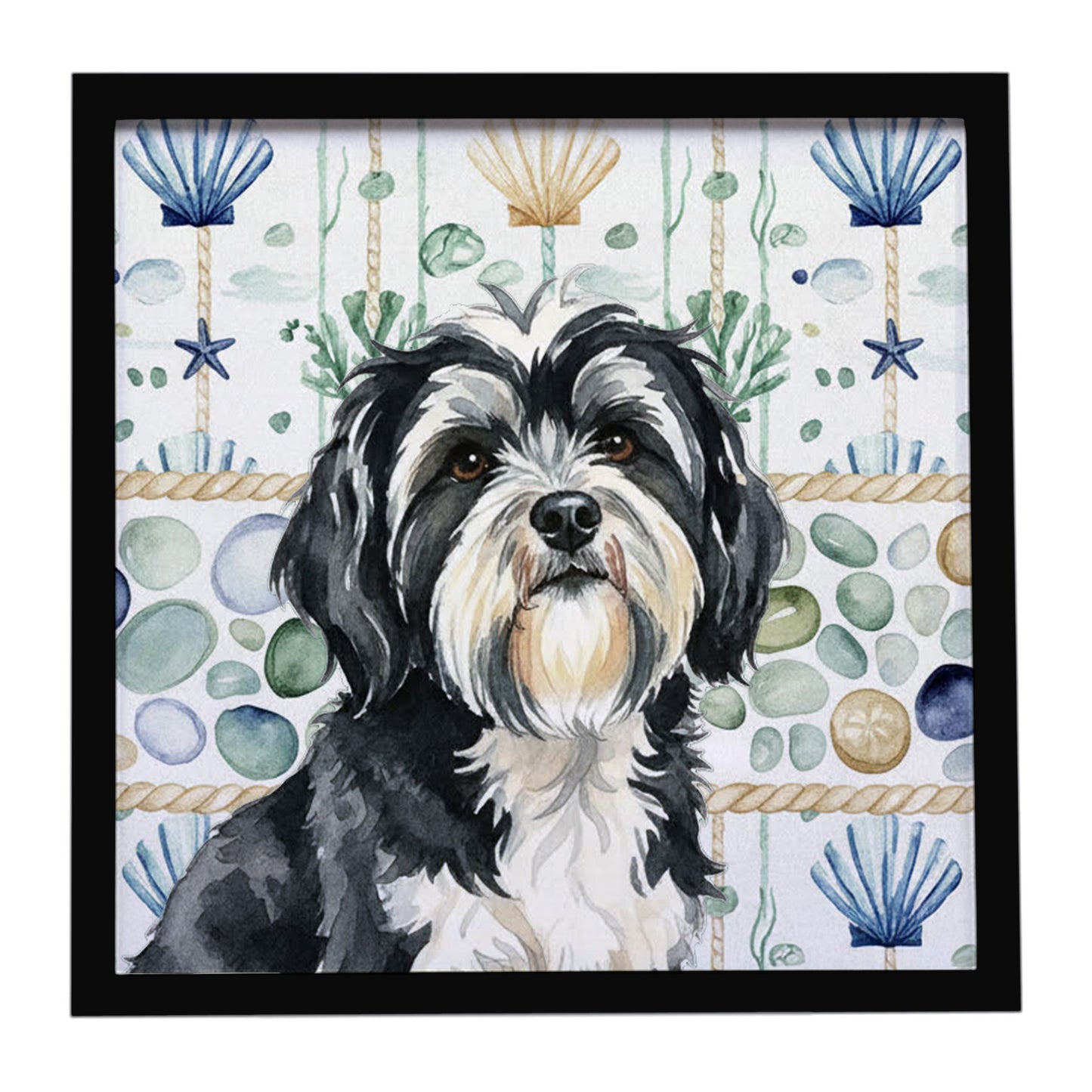 Buy this Black and White Tibetan Terrier Coastal Sea Glass Framed Metal Print