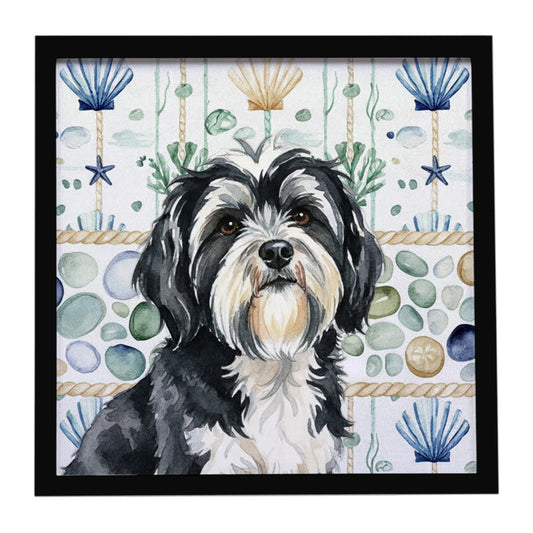 Buy this Black and White Tibetan Terrier Coastal Sea Glass Framed Metal Print