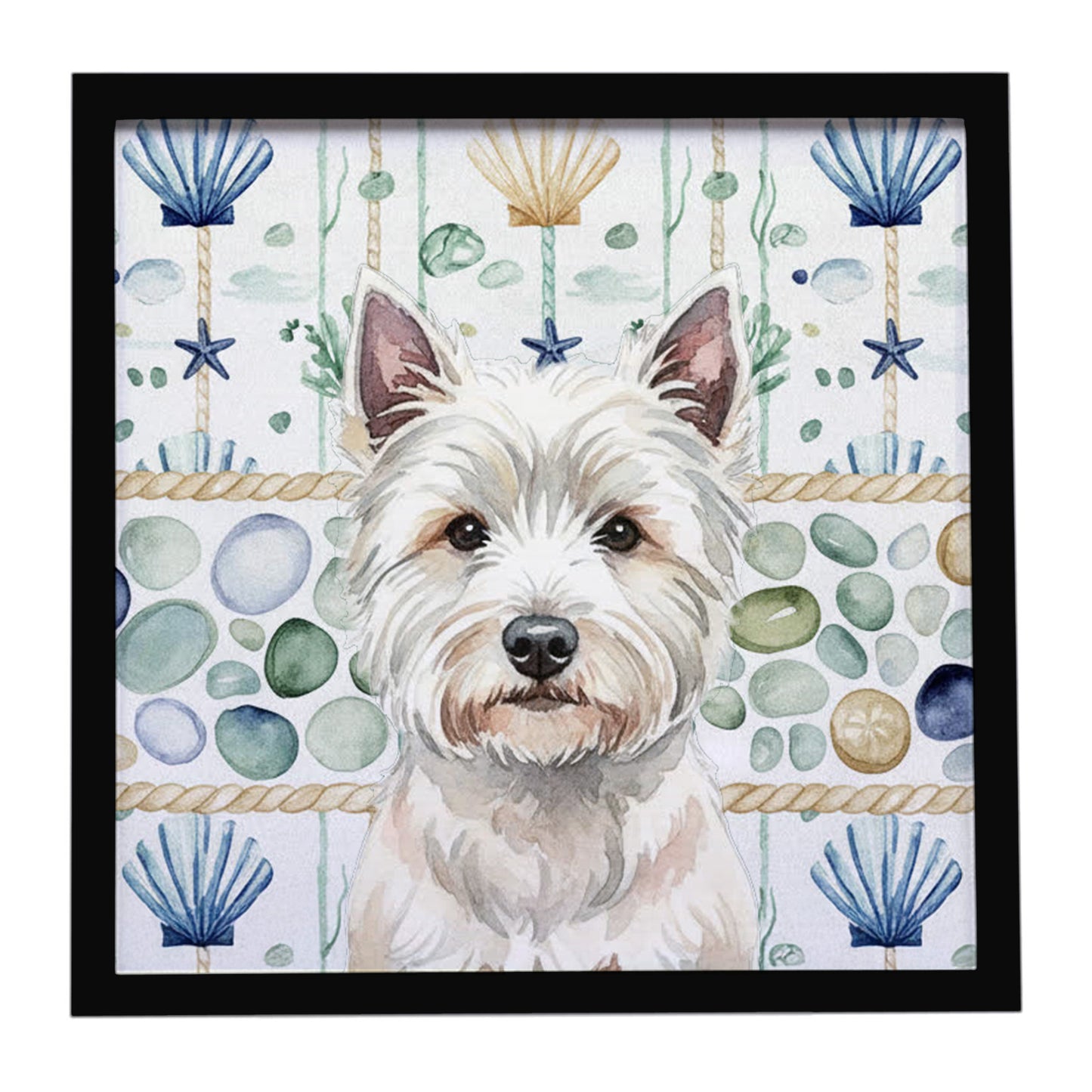Buy this Westie Coastal Sea Glass Framed Metal Print