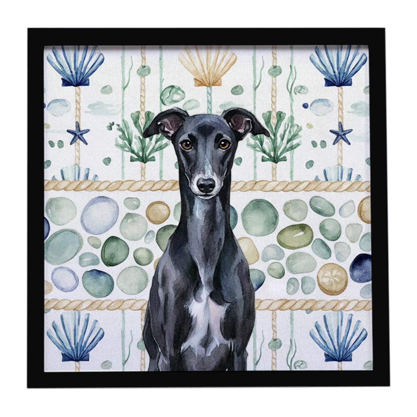Buy this Black Whippet Coastal Sea Glass Framed Metal Print