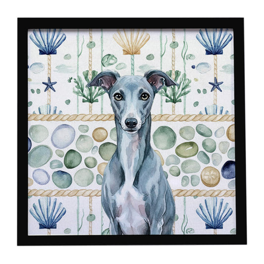 Buy this Blue Whippet Coastal Sea Glass Framed Metal Print