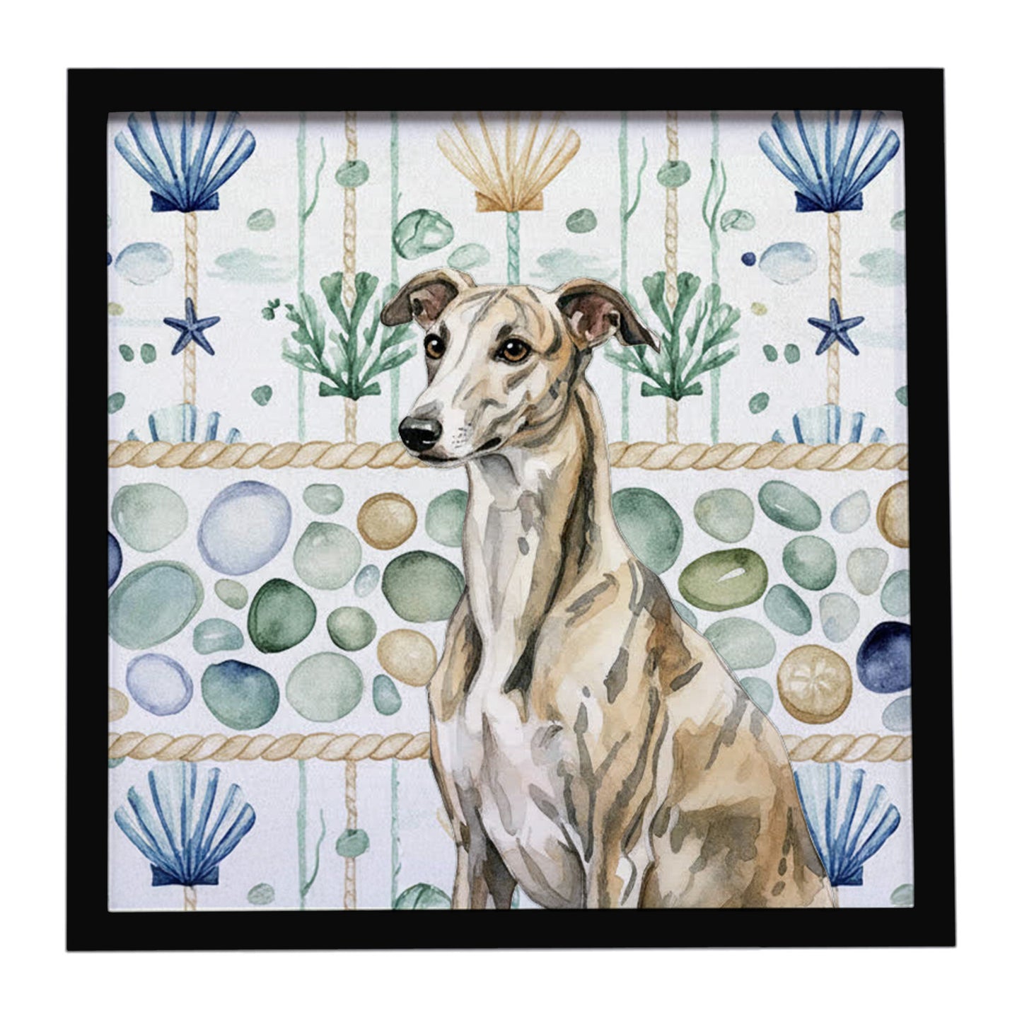 Buy this Brindle Whippet Coastal Sea Glass Framed Metal Print