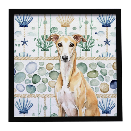 Buy this Fawn Whippet Coastal Sea Glass Framed Metal Print