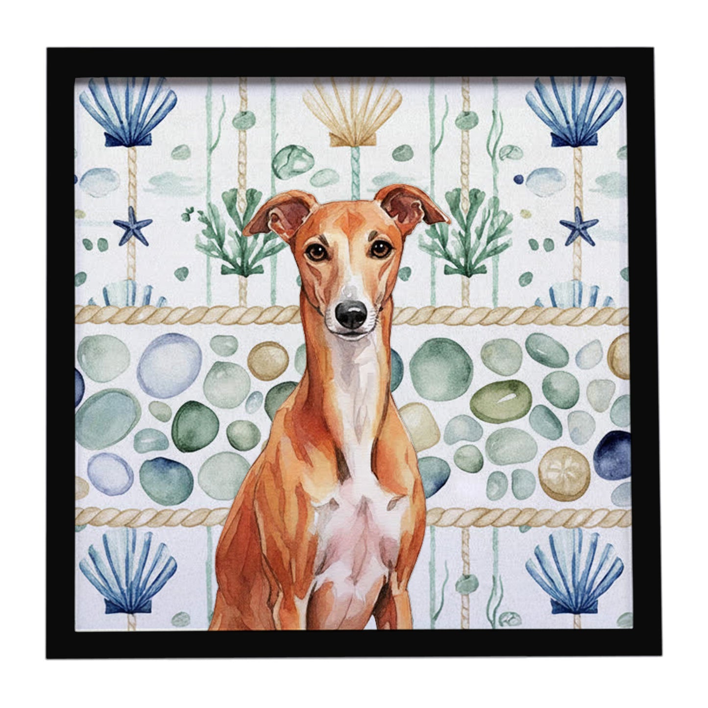 Buy this Red Whippet Coastal Sea Glass Framed Metal Print