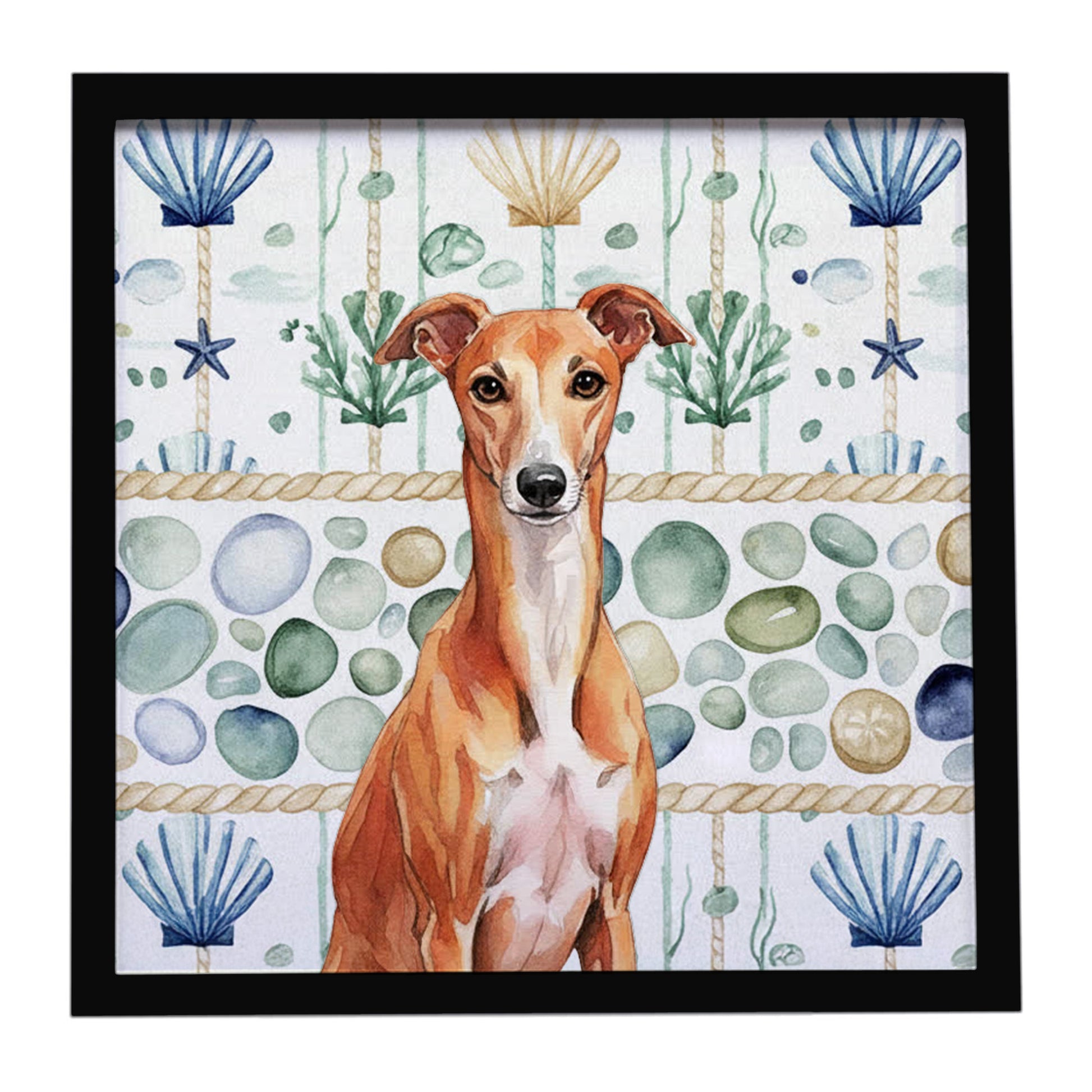 Buy this Red Whippet Coastal Sea Glass Framed Metal Print