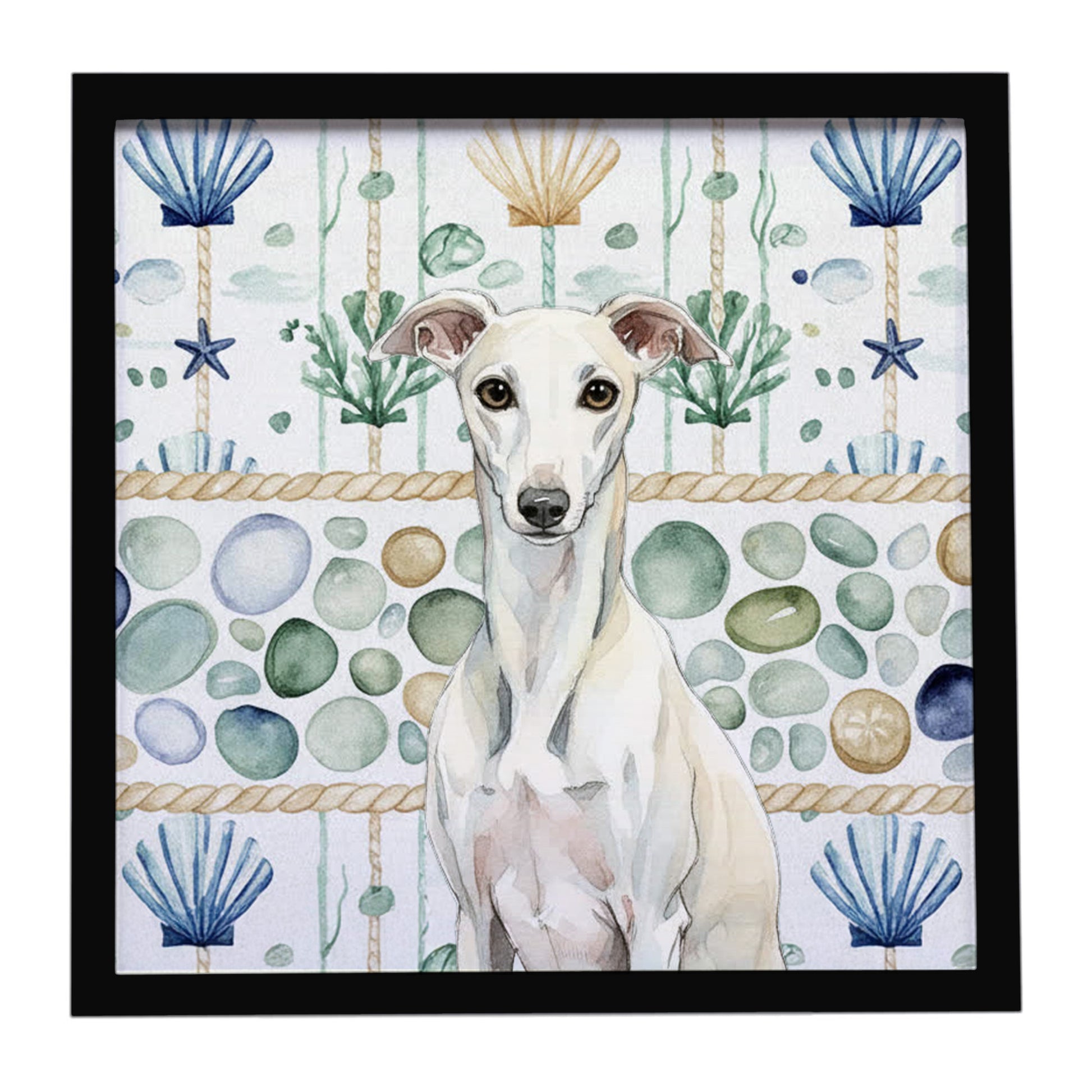 Buy this White Whippet Coastal Sea Glass Framed Metal Print