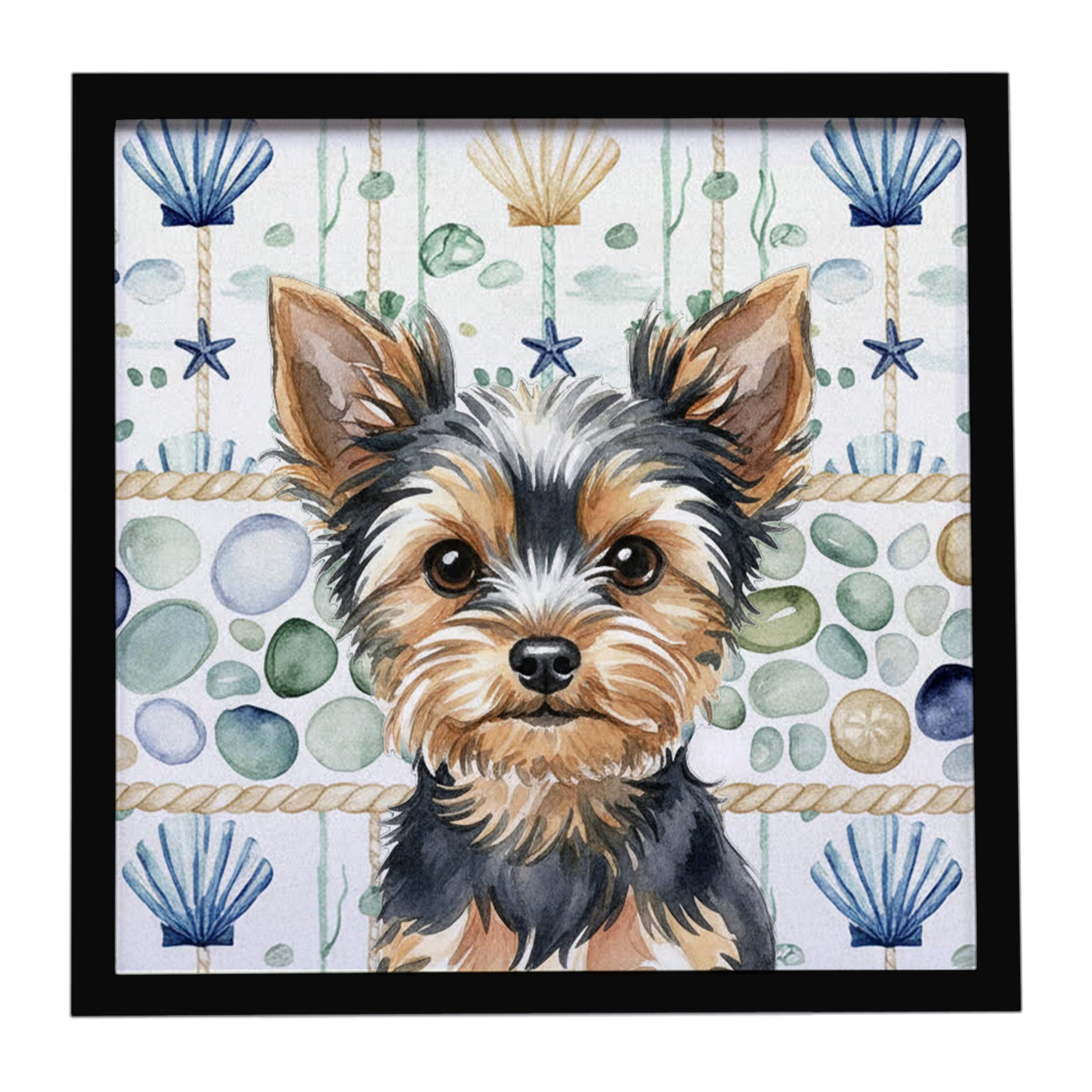 Buy this Black and Tan Yorkshire Terrier Coastal Sea Glass Framed Metal Print