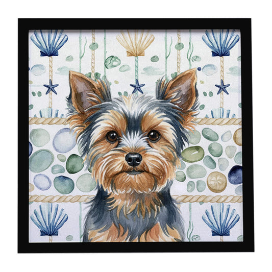 Buy this Blue and Tan Yorkshire Terrier Coastal Sea Glass Framed Metal Print