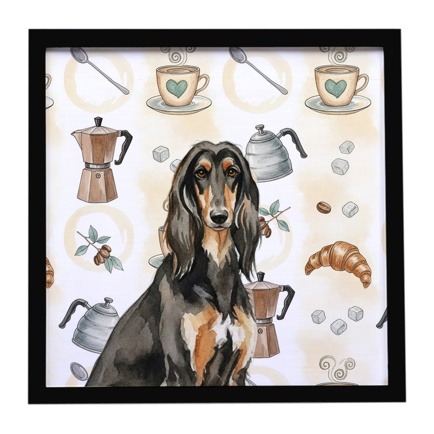 Buy this Black & Tan Afghan Hound Coffee Bar Framed Metal Print
