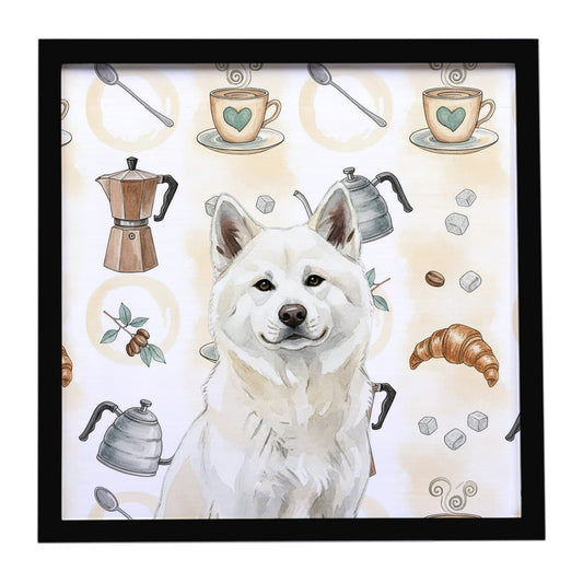Buy this White Akita Coffee Bar Framed Metal Print