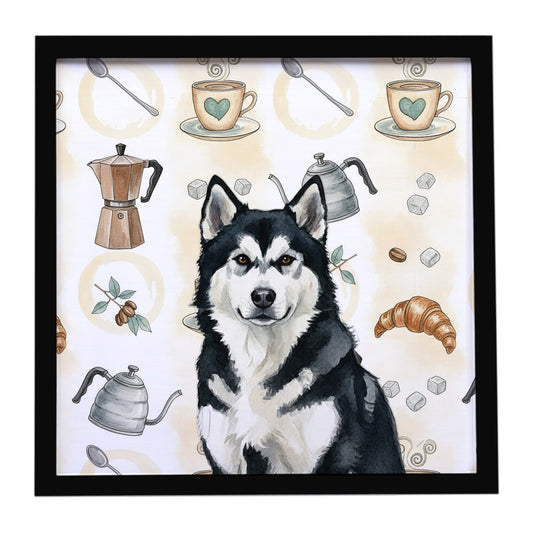 Buy this Black and White Alaskan Malamute Coffee Bar Framed Metal Print