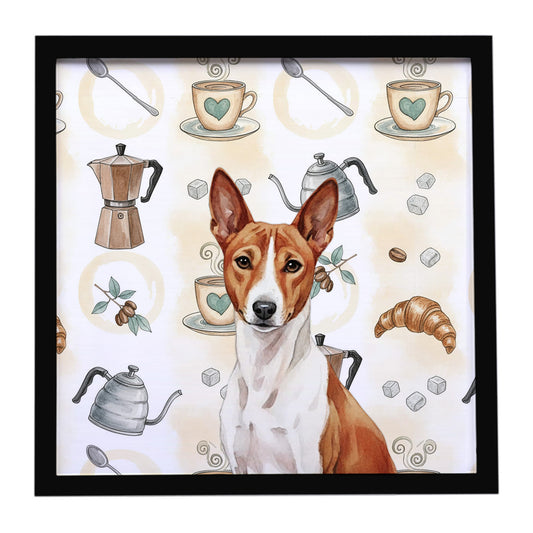 Buy this Red and White Basenji Coffee Bar Framed Metal Print