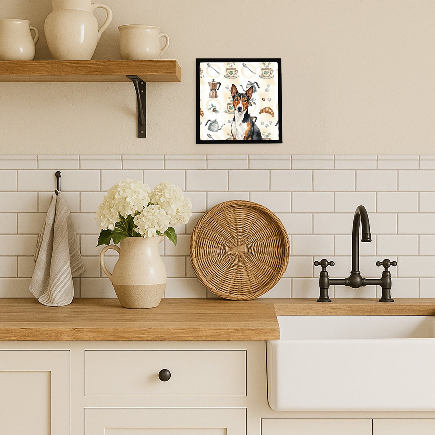 Tricolor and White Basenji Coffee Bar Framed Metal Print