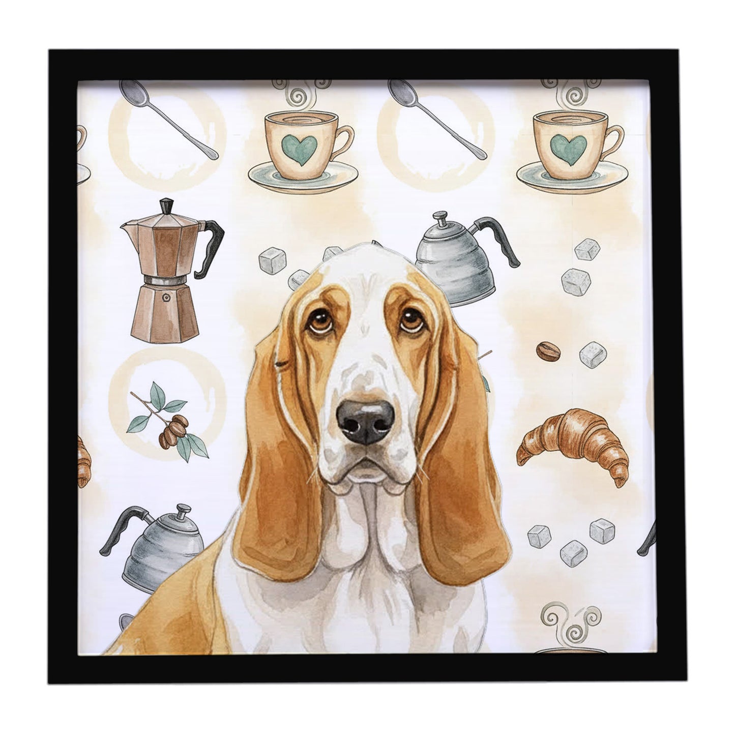 Buy this Lemon and White Basset Hound Coffee Bar Framed Metal Print