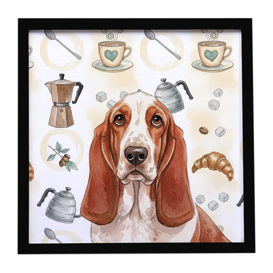 Buy this Red and White Basset Hound Coffee Bar Framed Metal Print