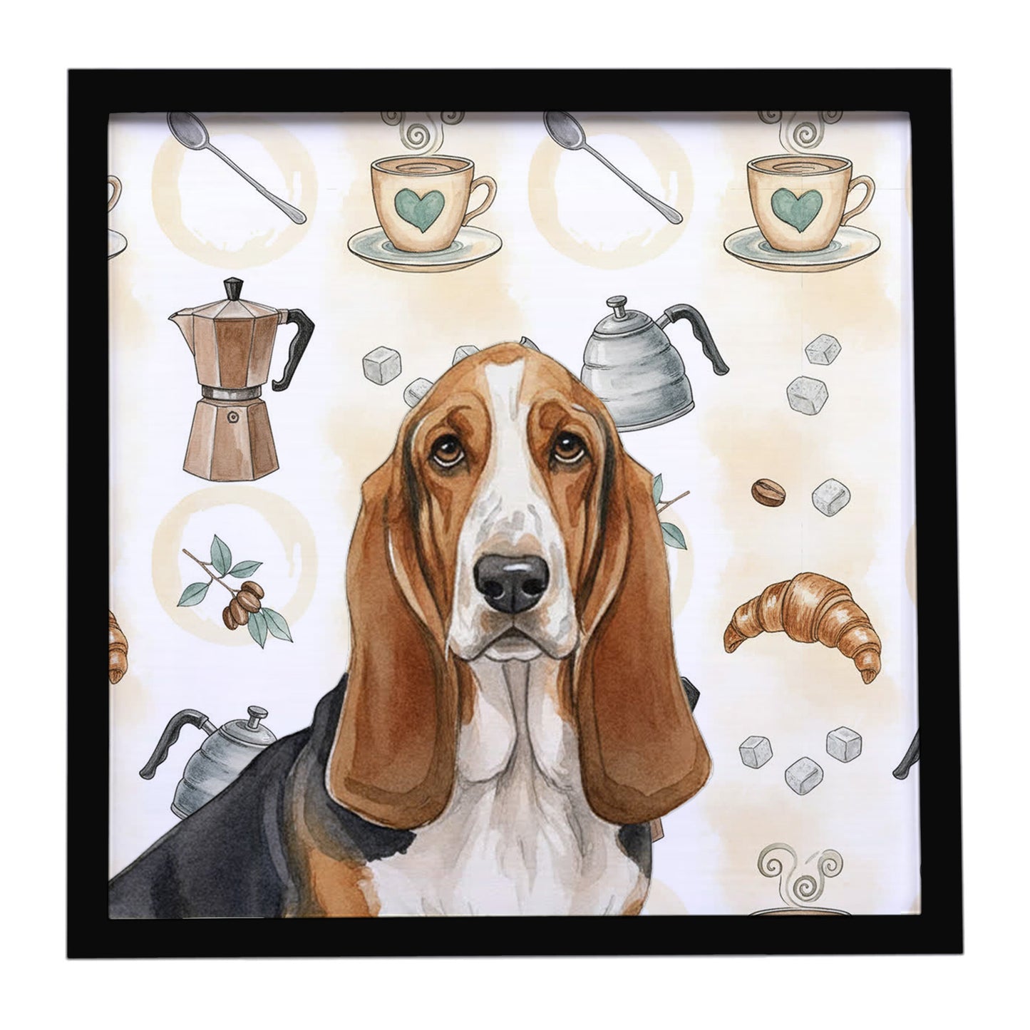 Buy this Tricolor and White Basset Hound Coffee Bar Framed Metal Print