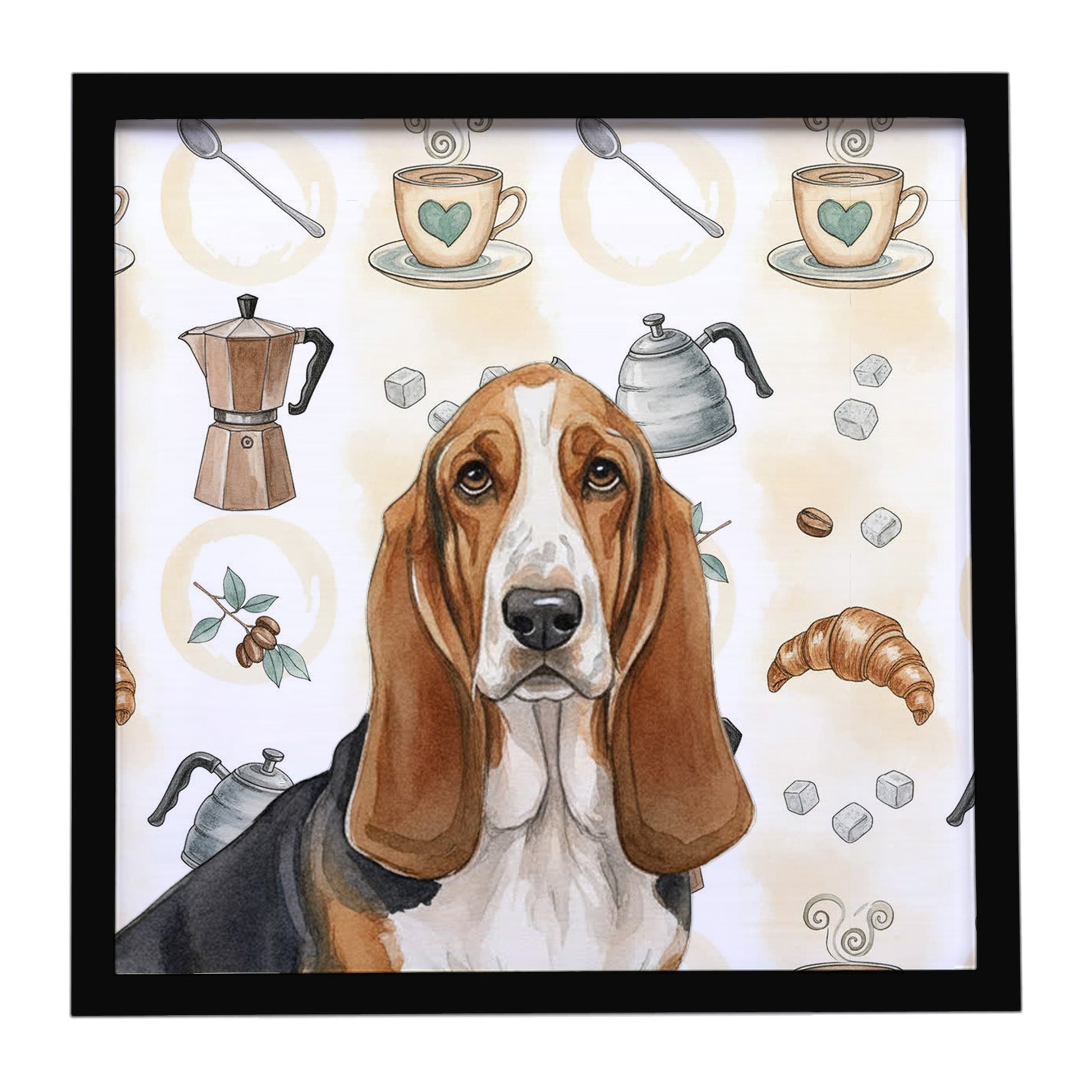 Buy this Tricolor and White Basset Hound Coffee Bar Framed Metal Print