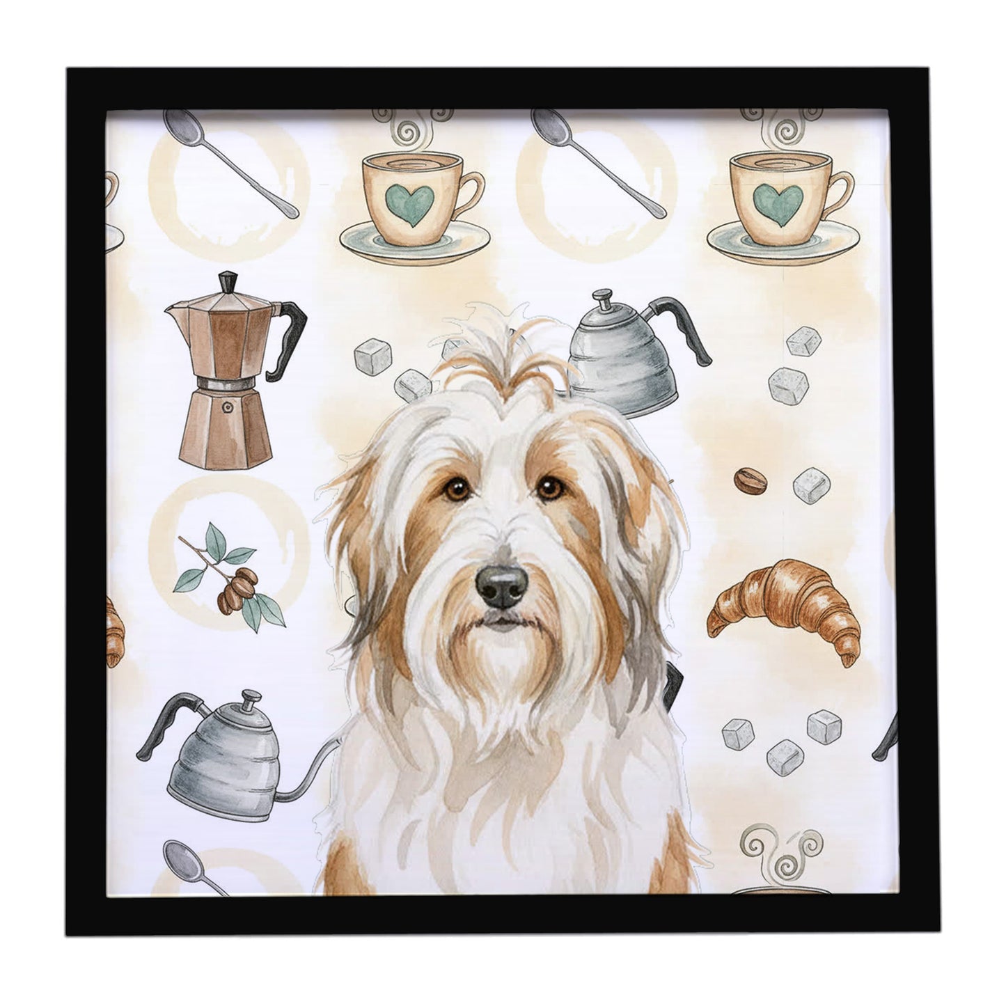 Buy this White and Tan Bearded Collie Coffee Bar Framed Metal Print