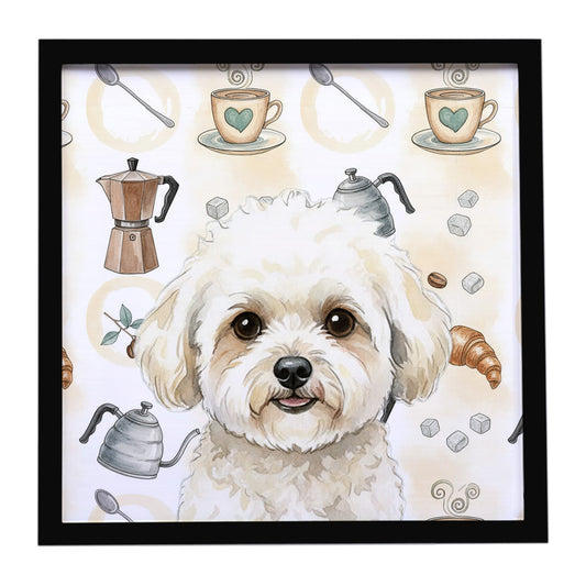 Buy this White and Cream Bichon Frise Coffee Bar Framed Metal Print