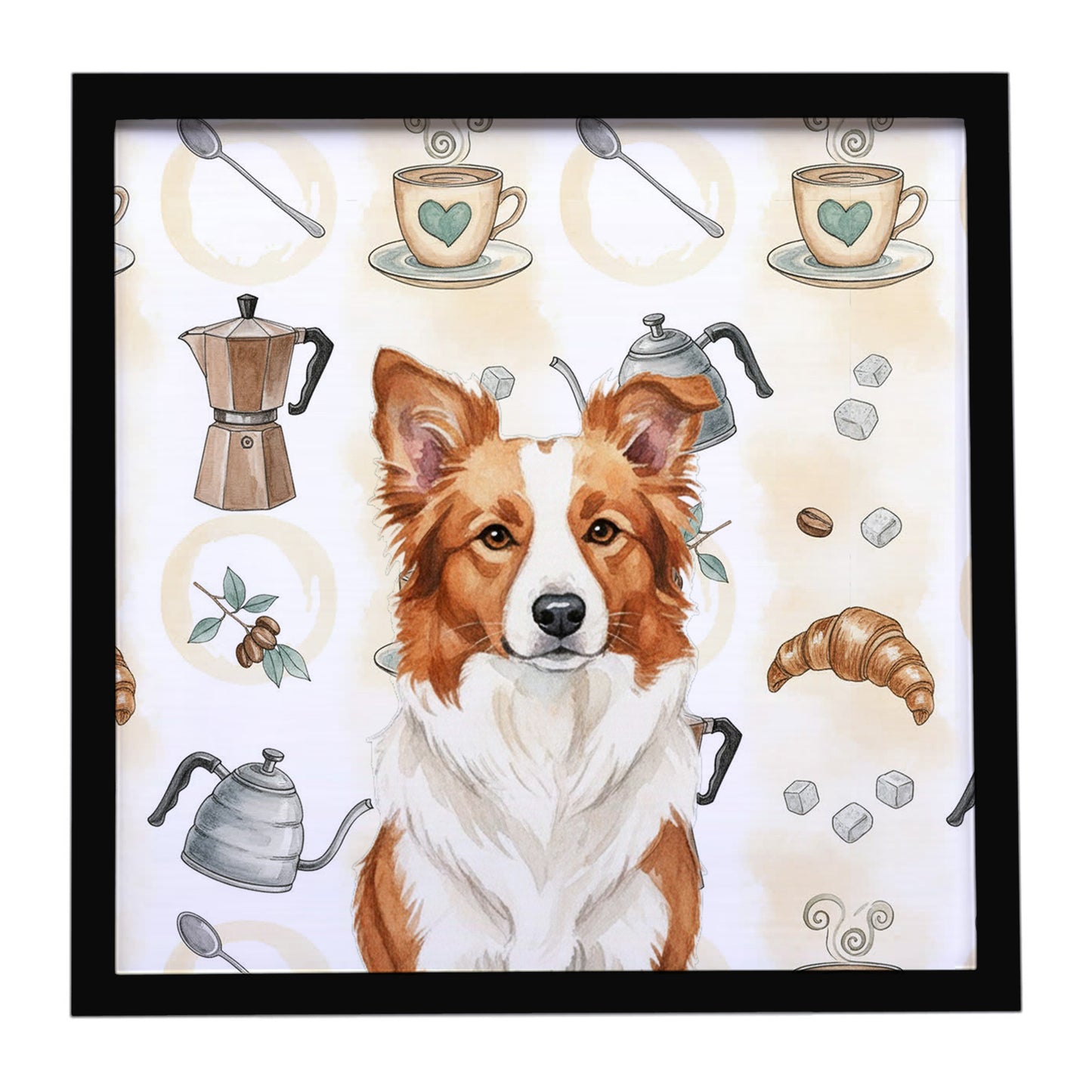 Buy this Red and White Border Collie Coffee Bar Framed Metal Print