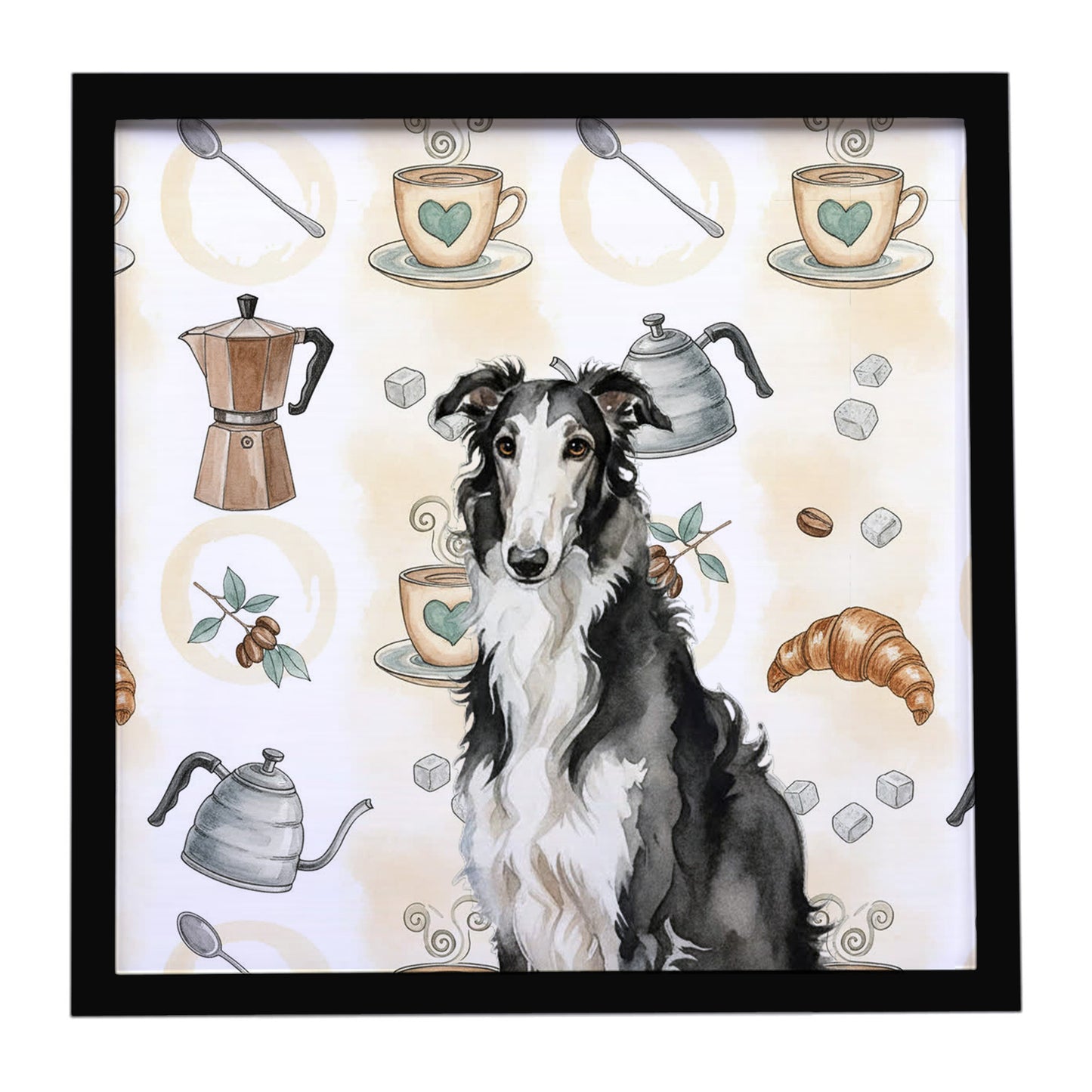 Buy this Black and White Borzoi Coffee Bar Framed Metal Print