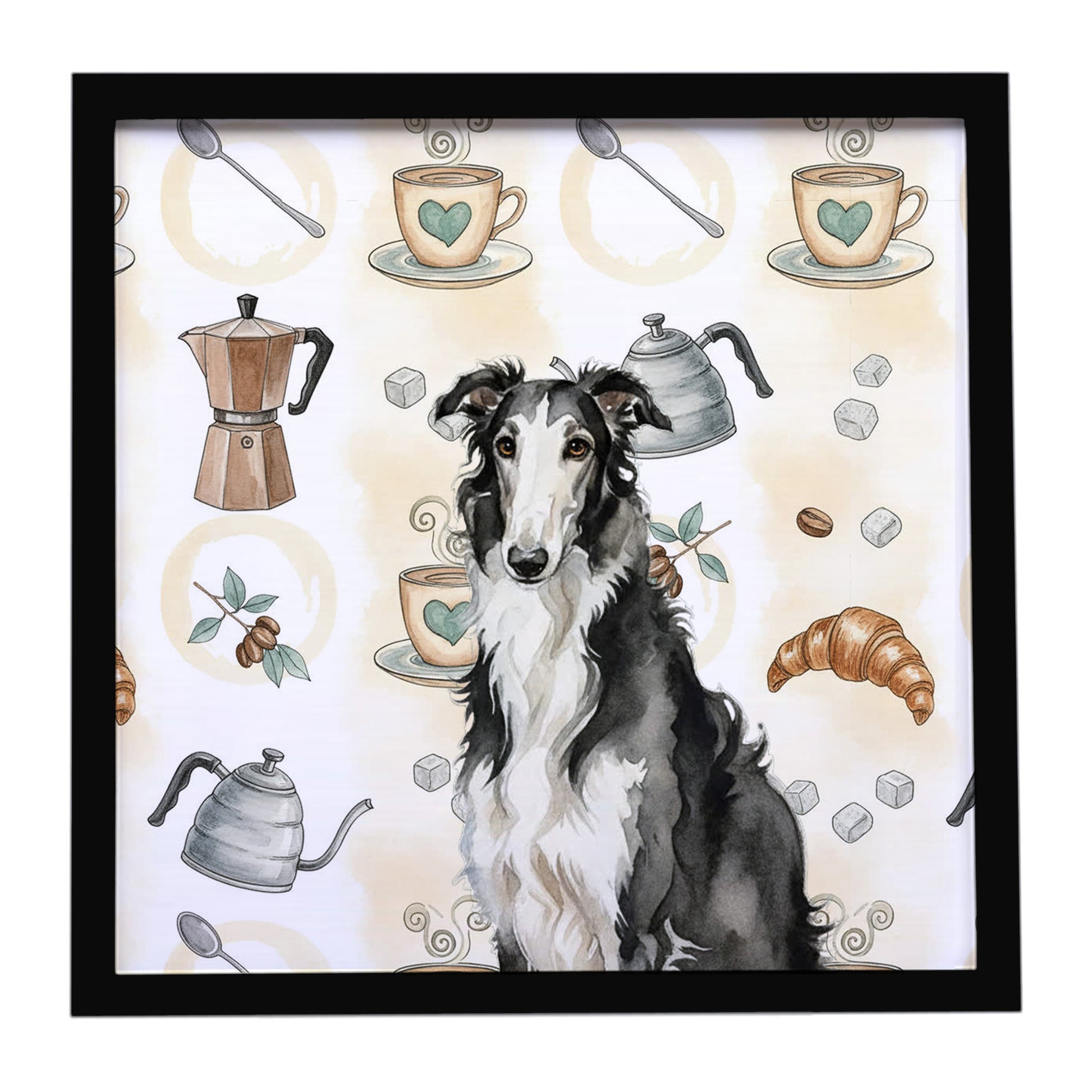 Buy this Black and White Borzoi Coffee Bar Framed Metal Print