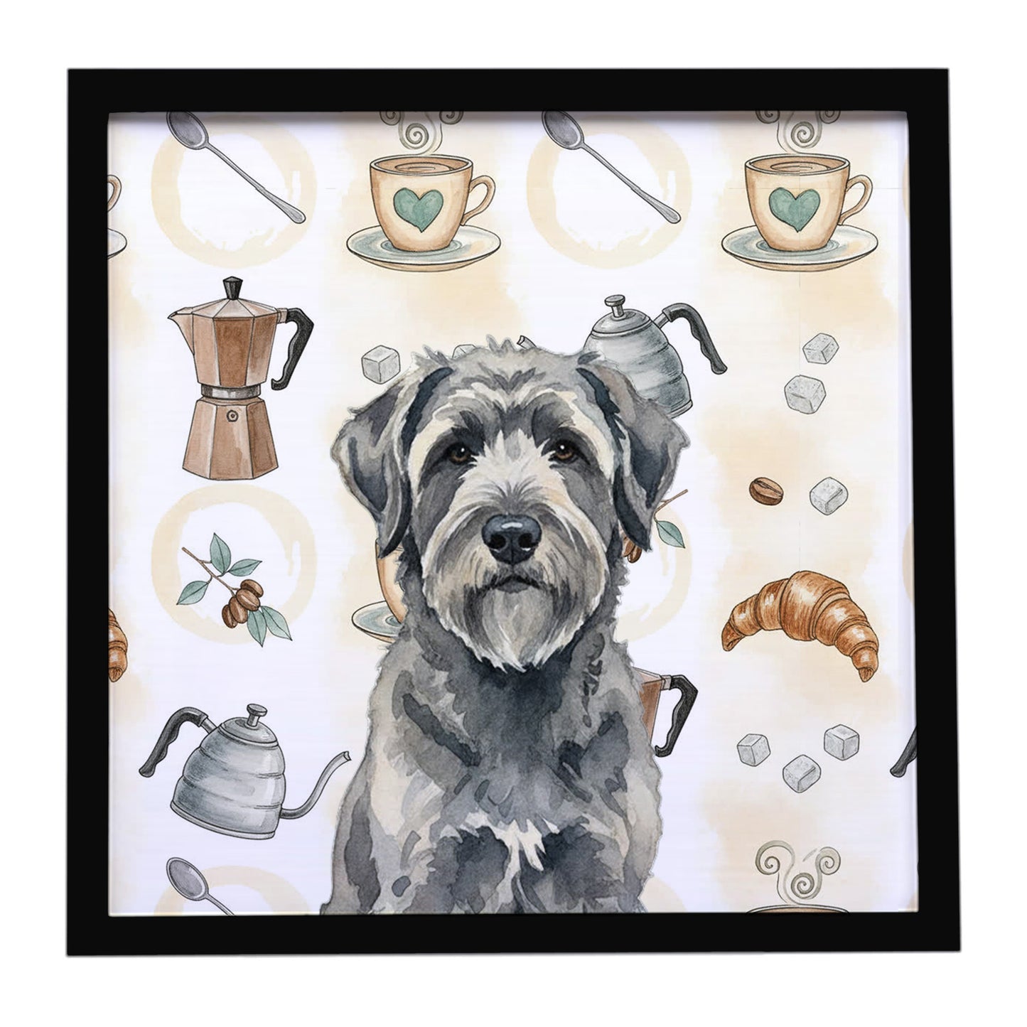 Buy this Gray Bouvier des Flandres Coffee Bar Framed Metal Print