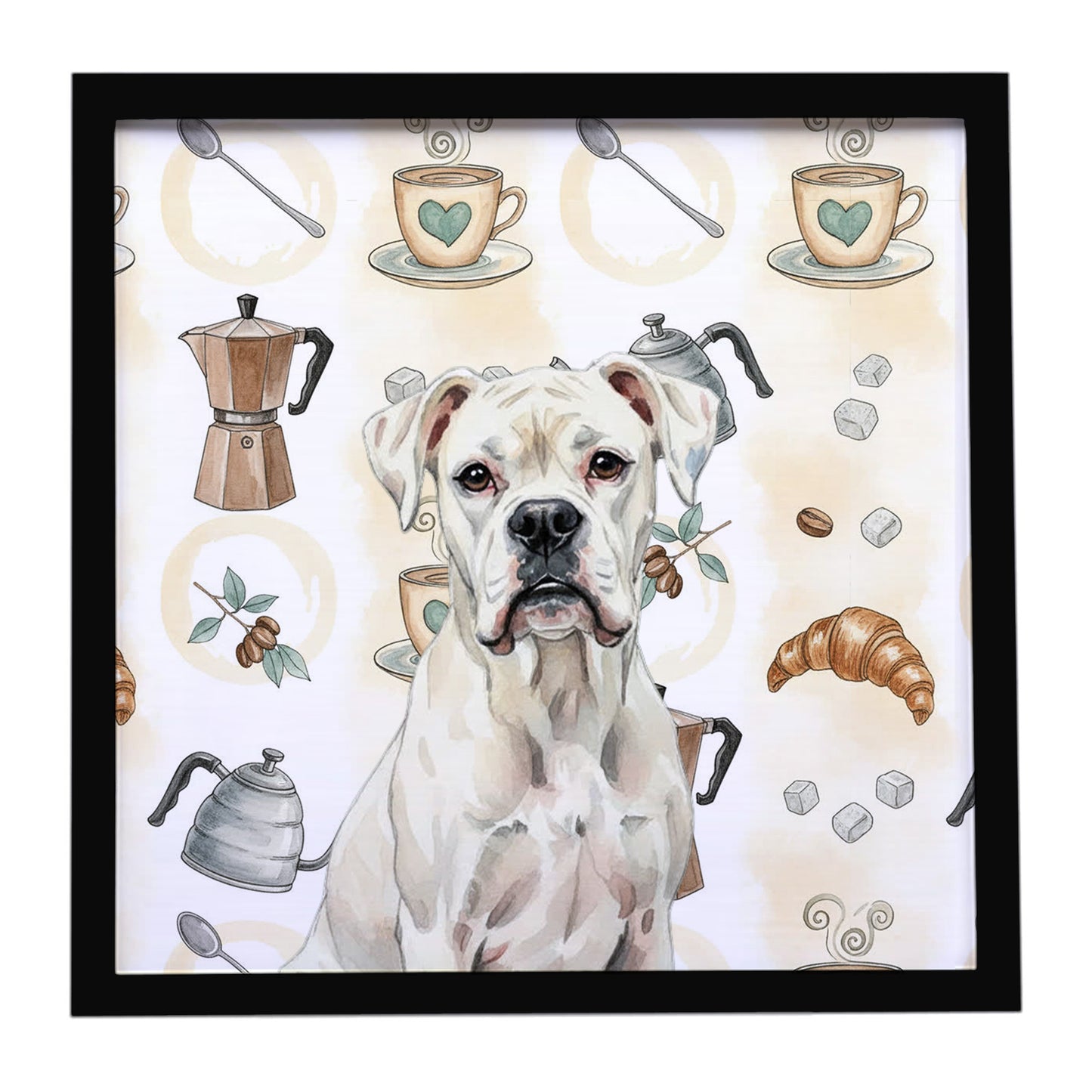 Buy this White Boxer Coffee Bar Framed Metal Print