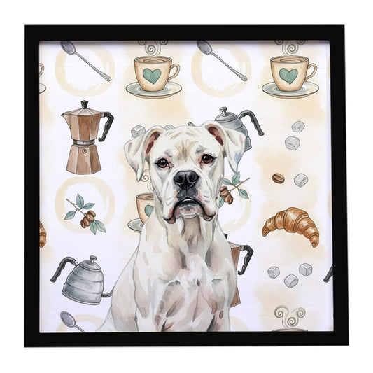 Buy this White Boxer Coffee Bar Framed Metal Print