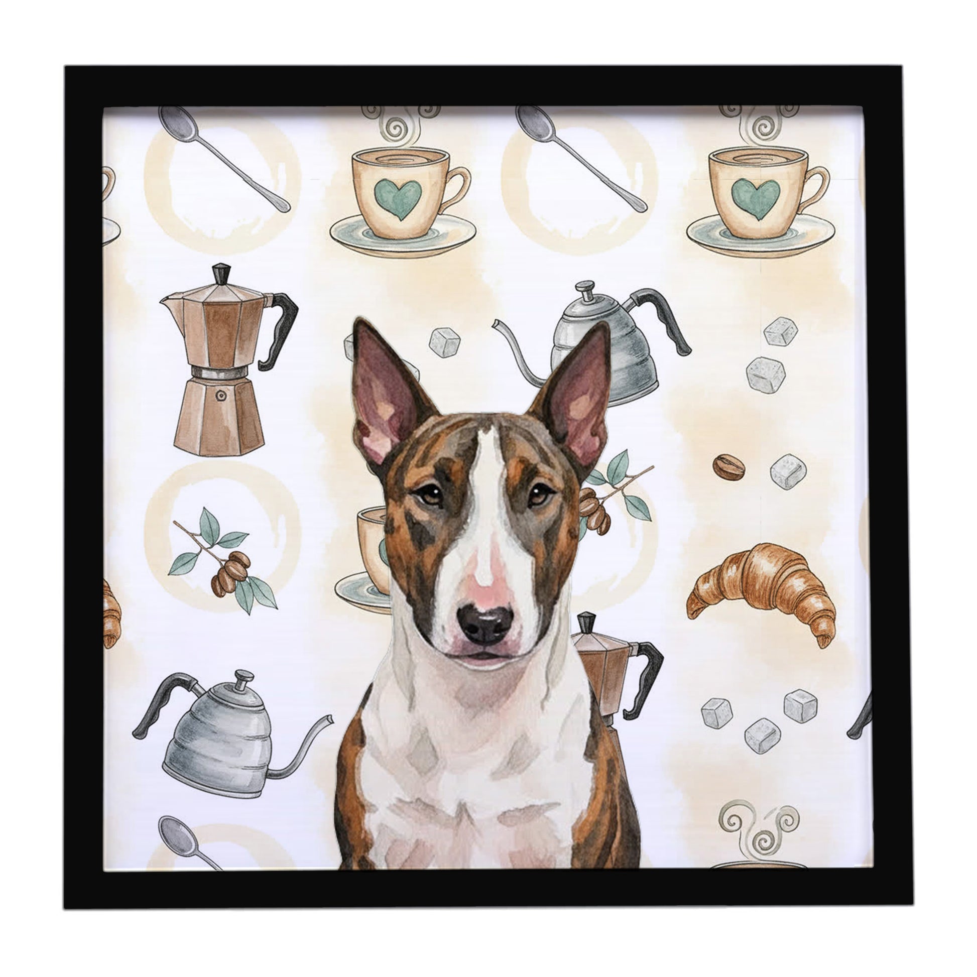 Buy this Brindle and White Bull Terrier Coffee Bar Framed Metal Print