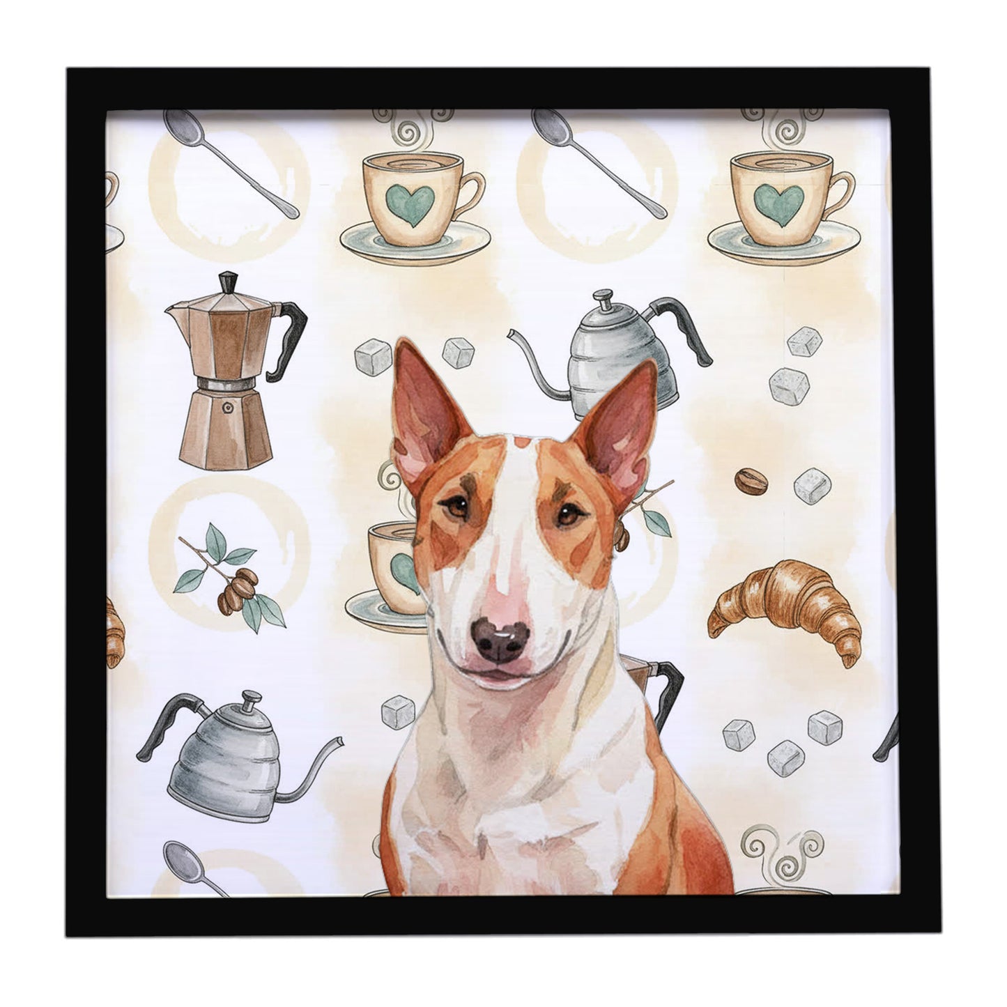 Buy this Red and White Bull Terrier Coffee Bar Framed Metal Print