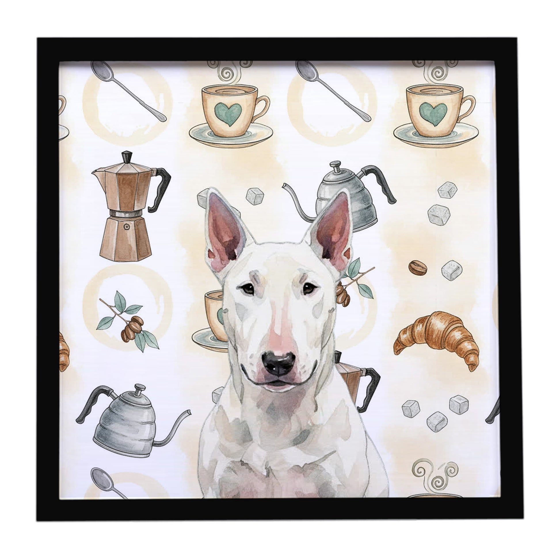 Buy this White Bull Terrier Coffee Bar Framed Metal Print