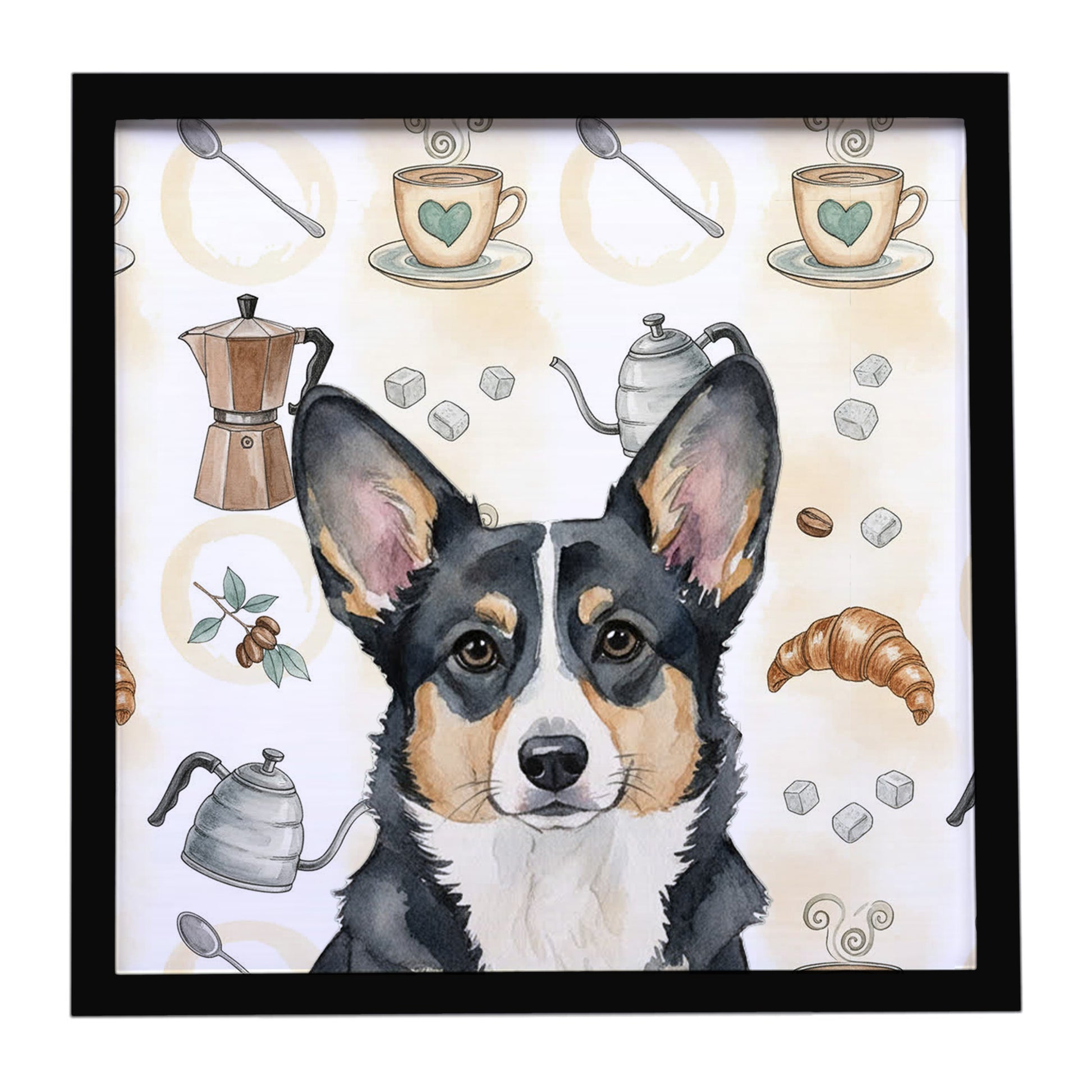 Buy this Black and White Cardigan Welsh Corgi Coffee Bar Framed Metal Print