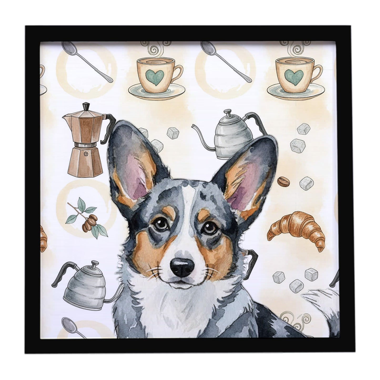 Buy this Blue Merle Cardigan Welsh Corgi Coffee Bar Framed Metal Print