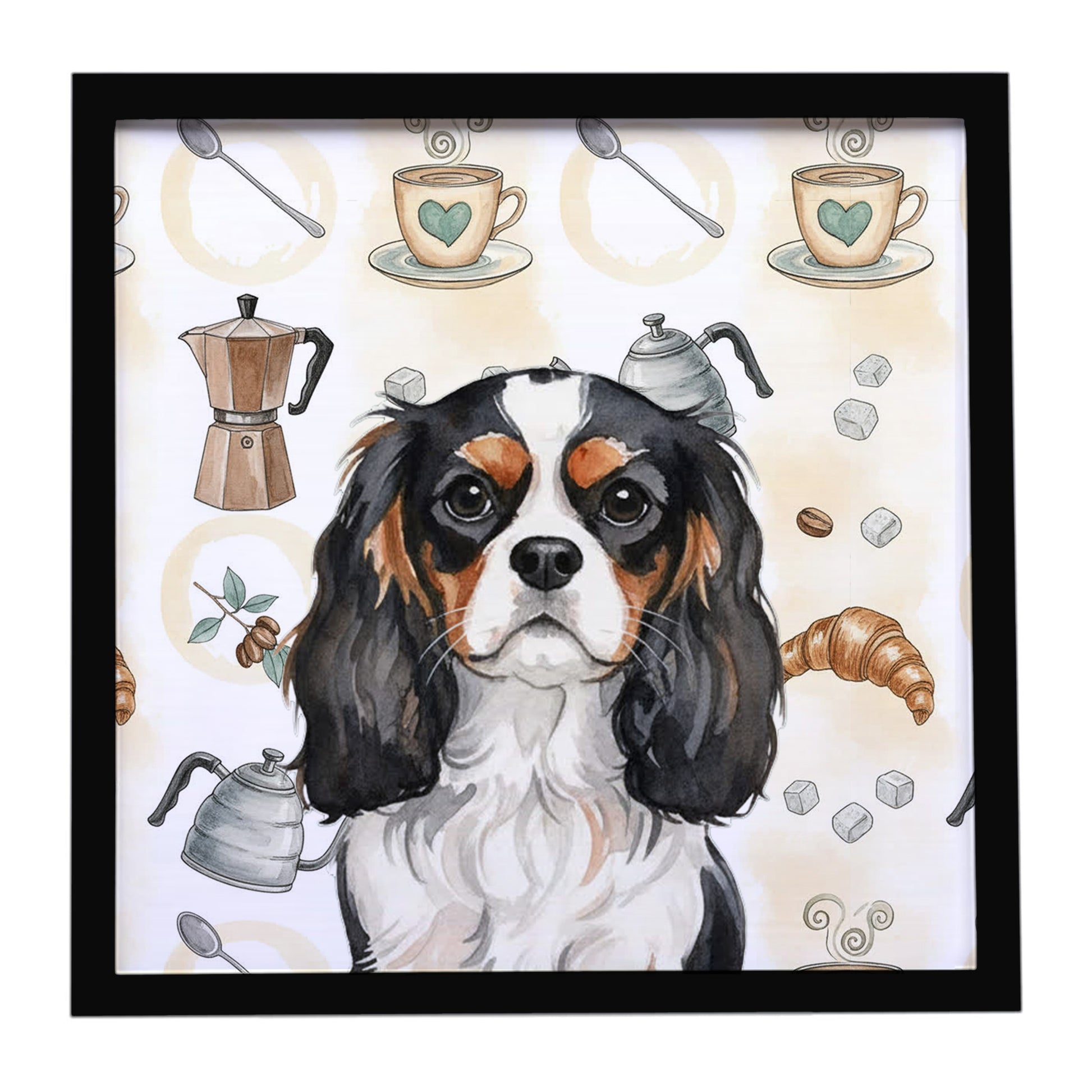 Buy this Tricolor Cavalier Spaniel Coffee Bar Framed Metal Print