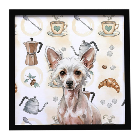 Buy this Hairless Chinese Crested Coffee Bar Framed Metal Print