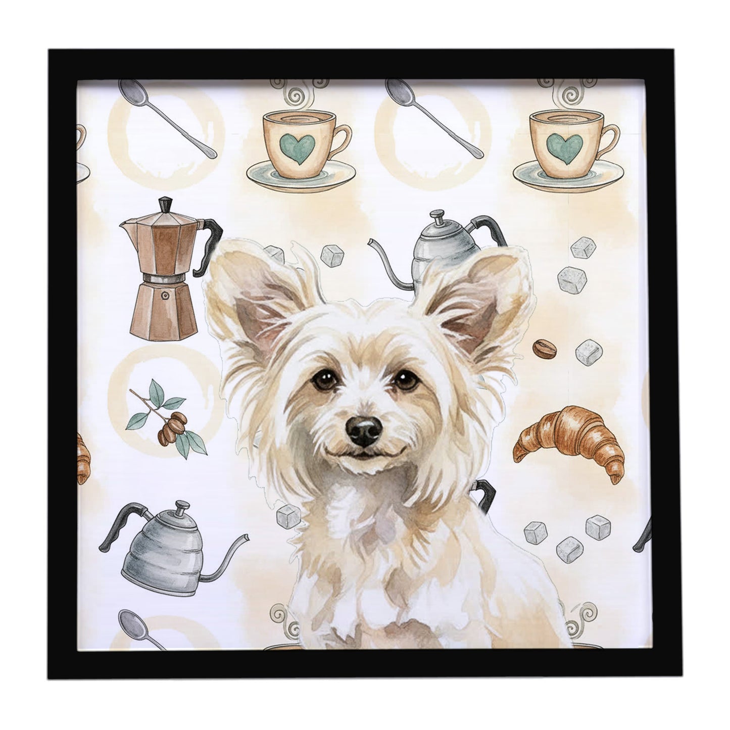 Buy this Powderpuff Chinese Crested Coffee Bar Framed Metal Print
