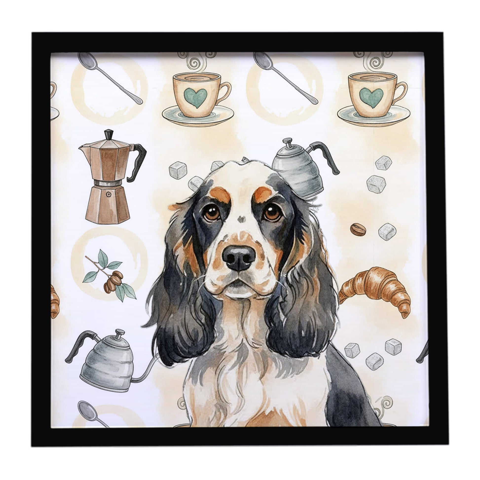 Buy this Parti Cocker Spaniel Coffee Bar Framed Metal Print
