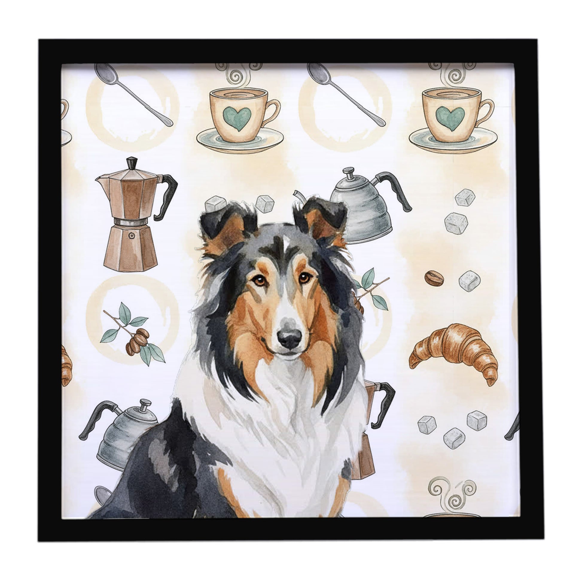 Buy this Tricolor Collie Coffee Bar Framed Metal Print