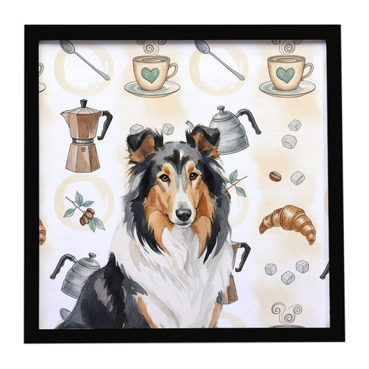 Buy this Tricolor Collie Coffee Bar Framed Metal Print