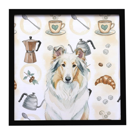 Buy this White Collie Coffee Bar Framed Metal Print