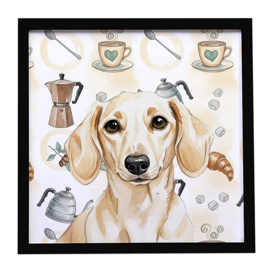 Buy this Cream Dachshund Coffee Bar Framed Metal Print