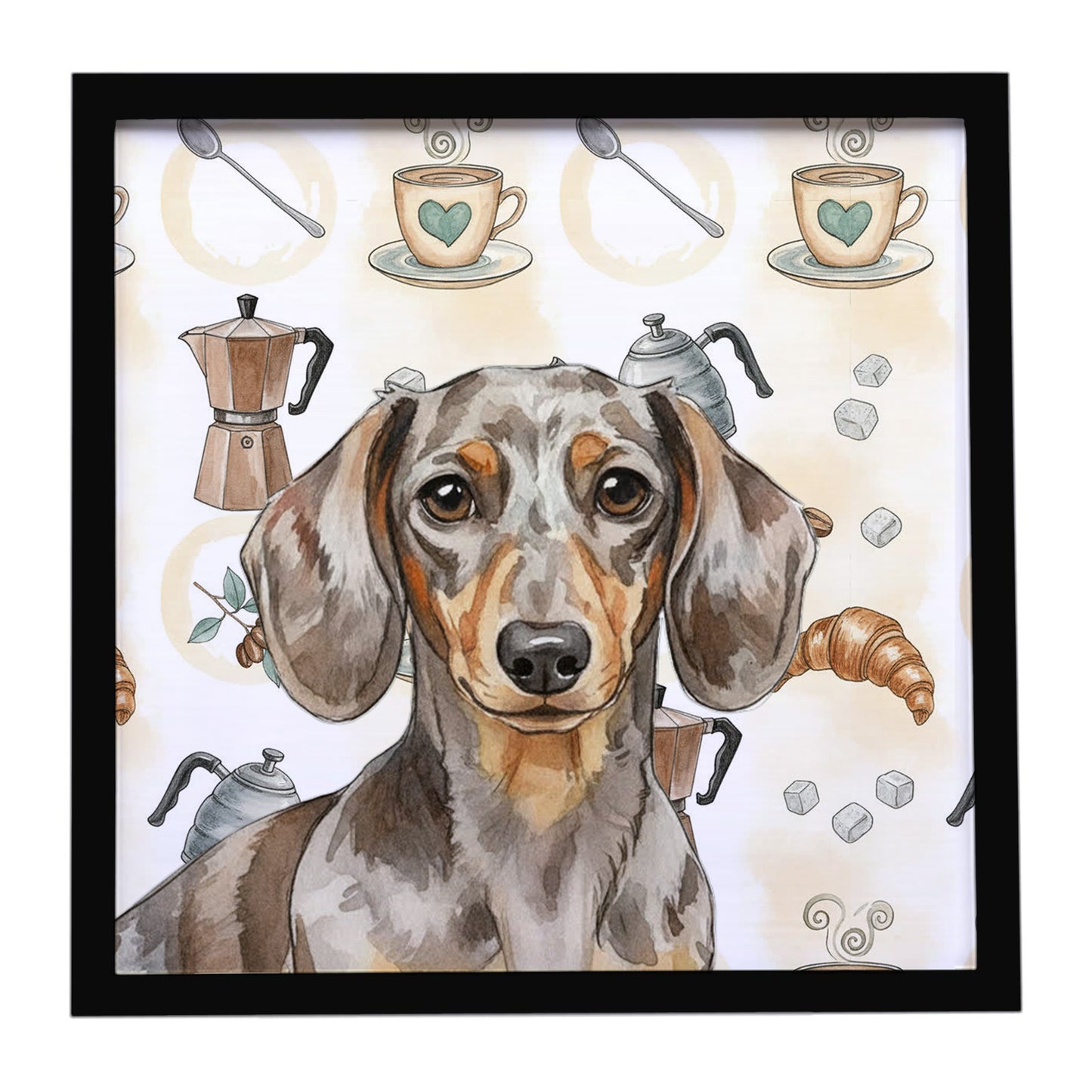 Buy this Dapple Dachshund Coffee Bar Framed Metal Print