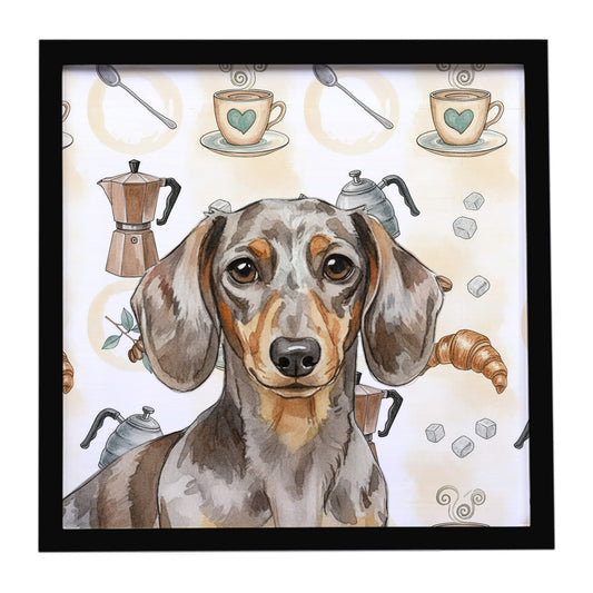 Buy this Dapple Dachshund Coffee Bar Framed Metal Print