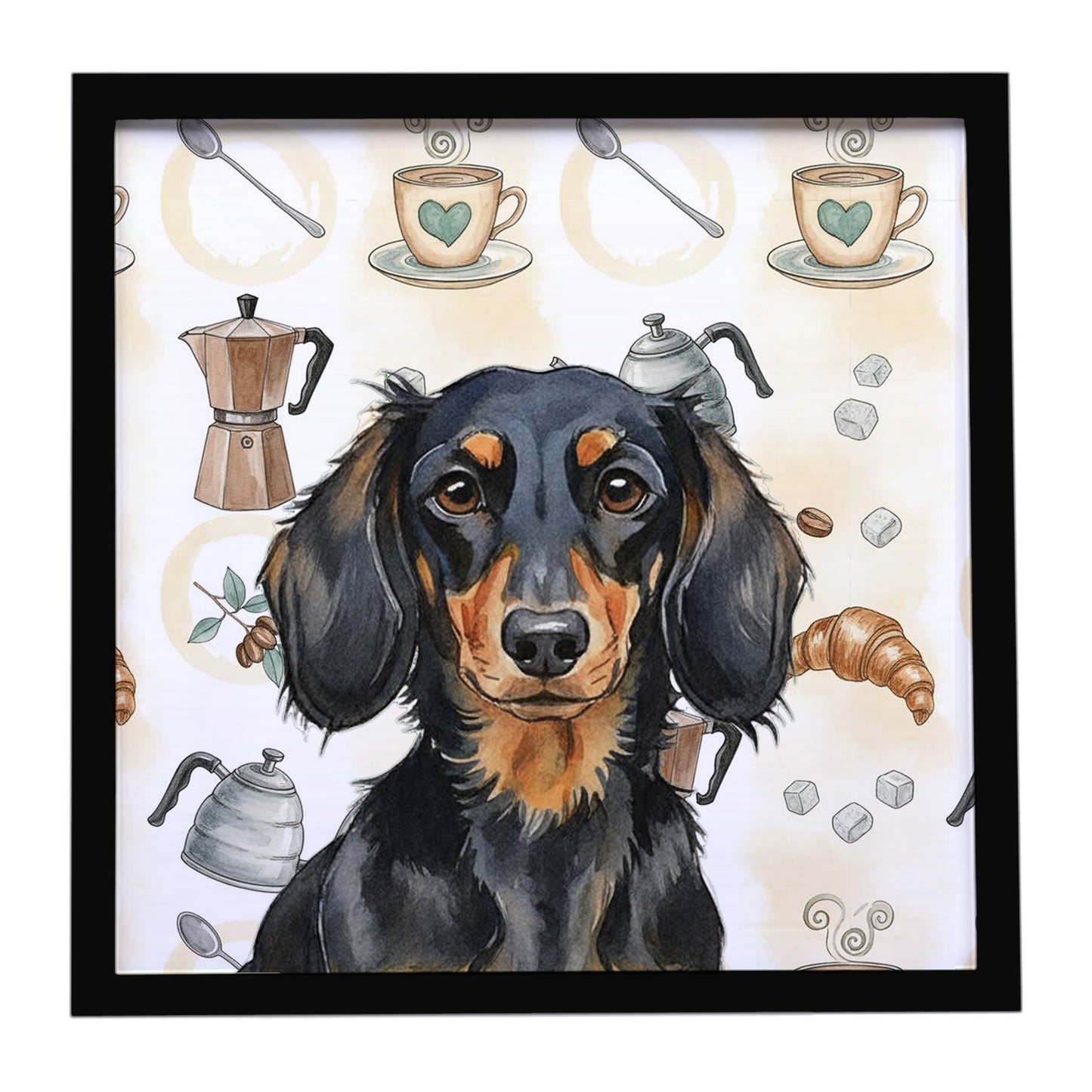 Buy this Longhaired Black and Tan Dachshund Coffee Bar Framed Metal Print
