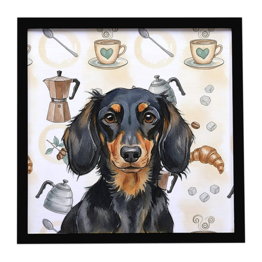 Buy this Longhaired Black and Tan Dachshund Coffee Bar Framed Metal Print