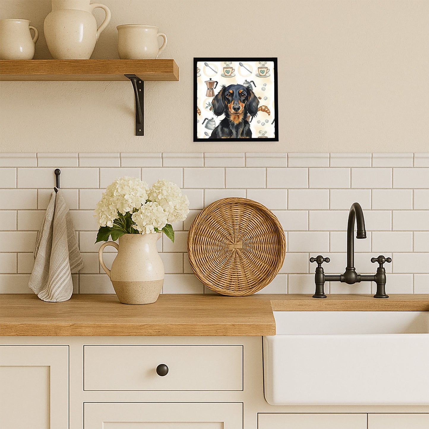 Longhaired Black and Tan Dachshund Coffee Bar Framed Metal Print
